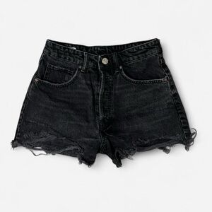 😎 Zara Black Denim Shorts~Women’s Sz 4~High-Rise~Button Fly~Distressed Design